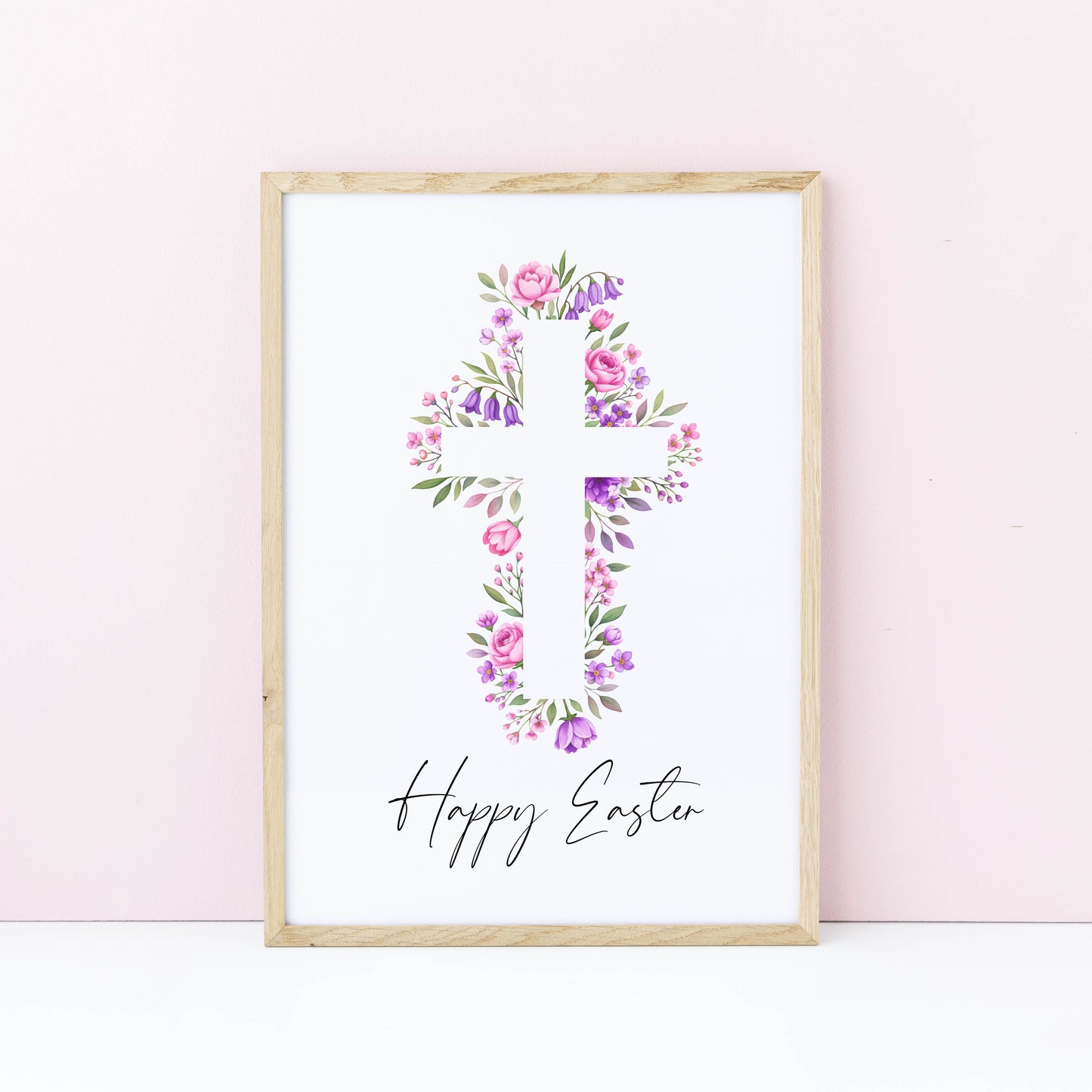 Floral Easter cross Print Watercolour pink & purple Spring Decor unframed wall art poster
