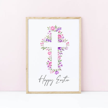 Floral Easter cross Print Watercolour pink & purple Spring Decor unframed wall art poster