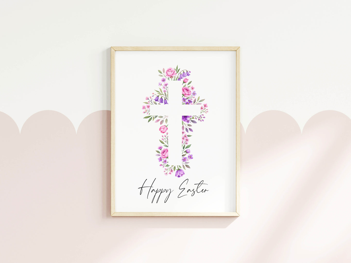 Floral Easter cross Print Watercolour pink & purple Spring Decor unframed wall art poster