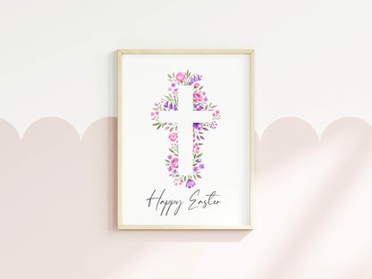 Floral Easter cross Print Watercolour pink & purple Spring Decor unframed wall art poster