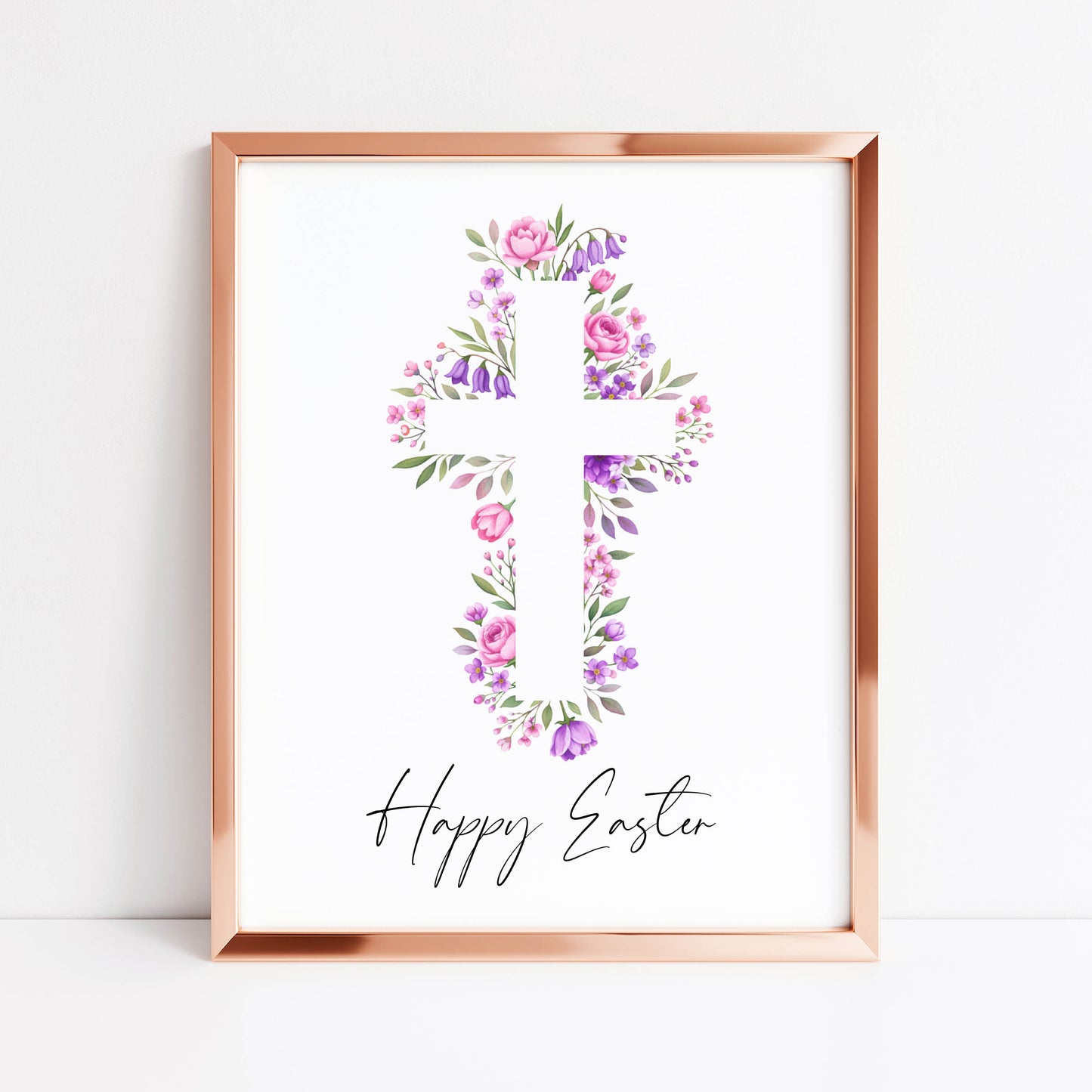 Floral Easter cross Print Watercolour pink & purple Spring Decor unframed wall art poster