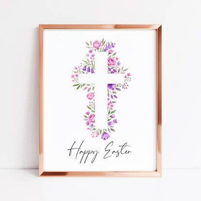 Floral Easter cross Print Watercolour pink & purple Spring Decor unframed wall art poster