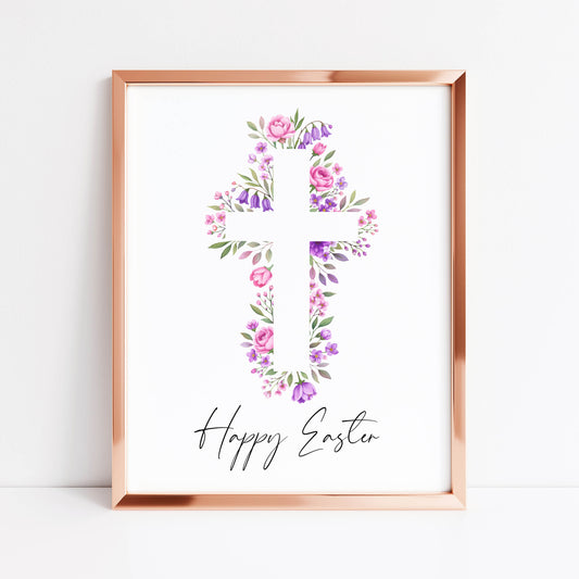 Floral Easter cross Print Watercolour pink & purple Spring Decor unframed wall art poster