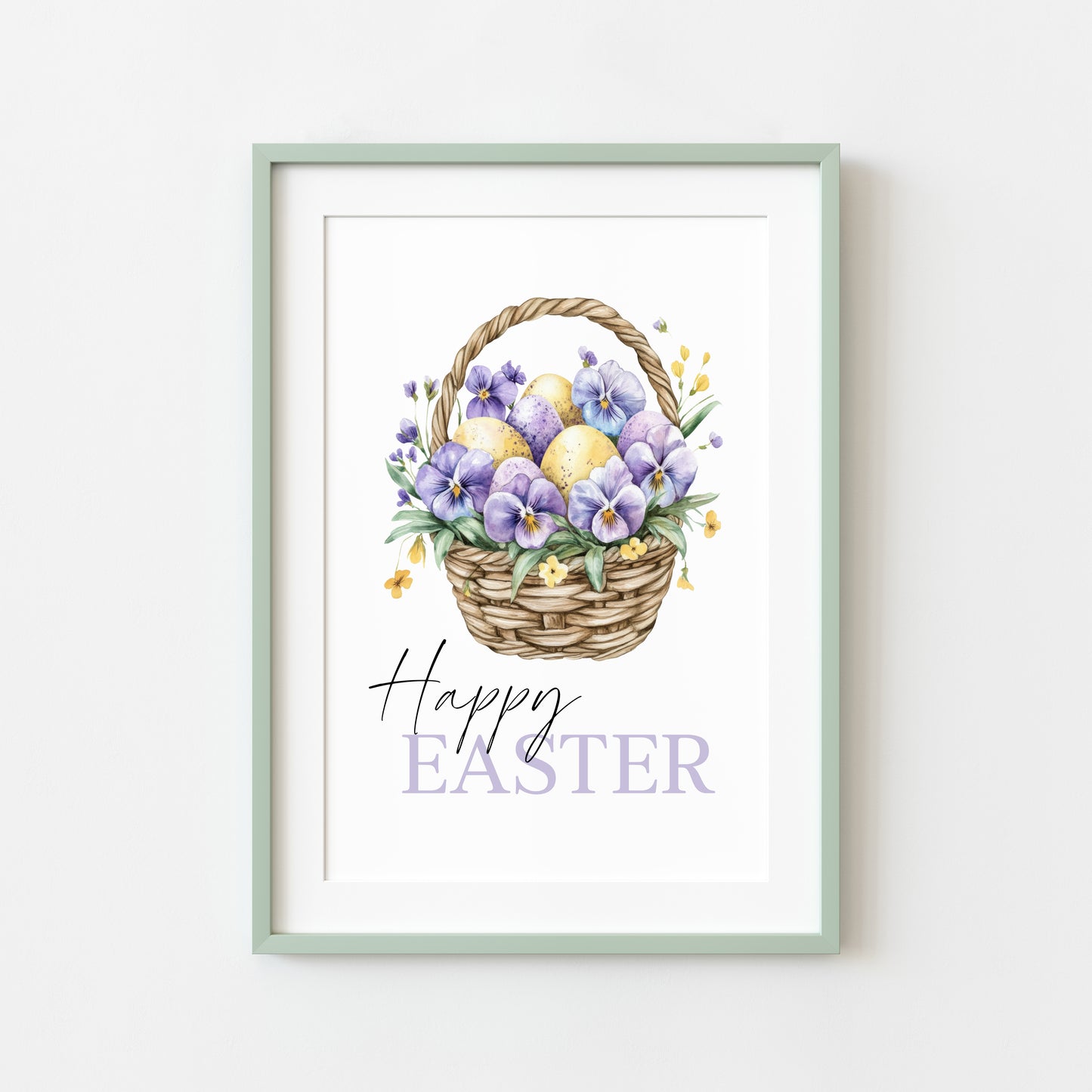Happy Easter print floral lilac purple & yellow flower basket seasonal home art unframed wall art poster print, spring accessories, spring art