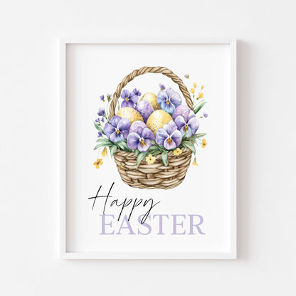 Happy Easter print floral lilac purple & yellow flower basket seasonal home art unframed wall art poster print, spring accessories, spring art