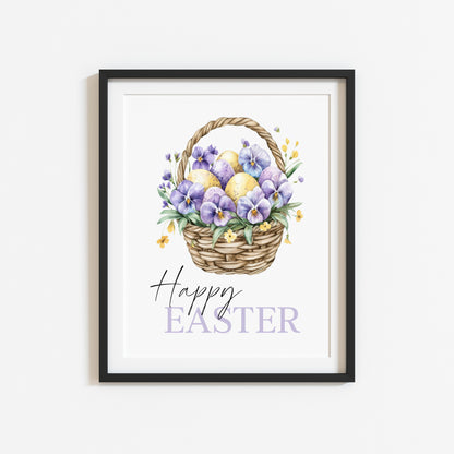 Happy Easter print floral lilac purple & yellow flower basket seasonal home art unframed wall art poster print, spring accessories, spring art