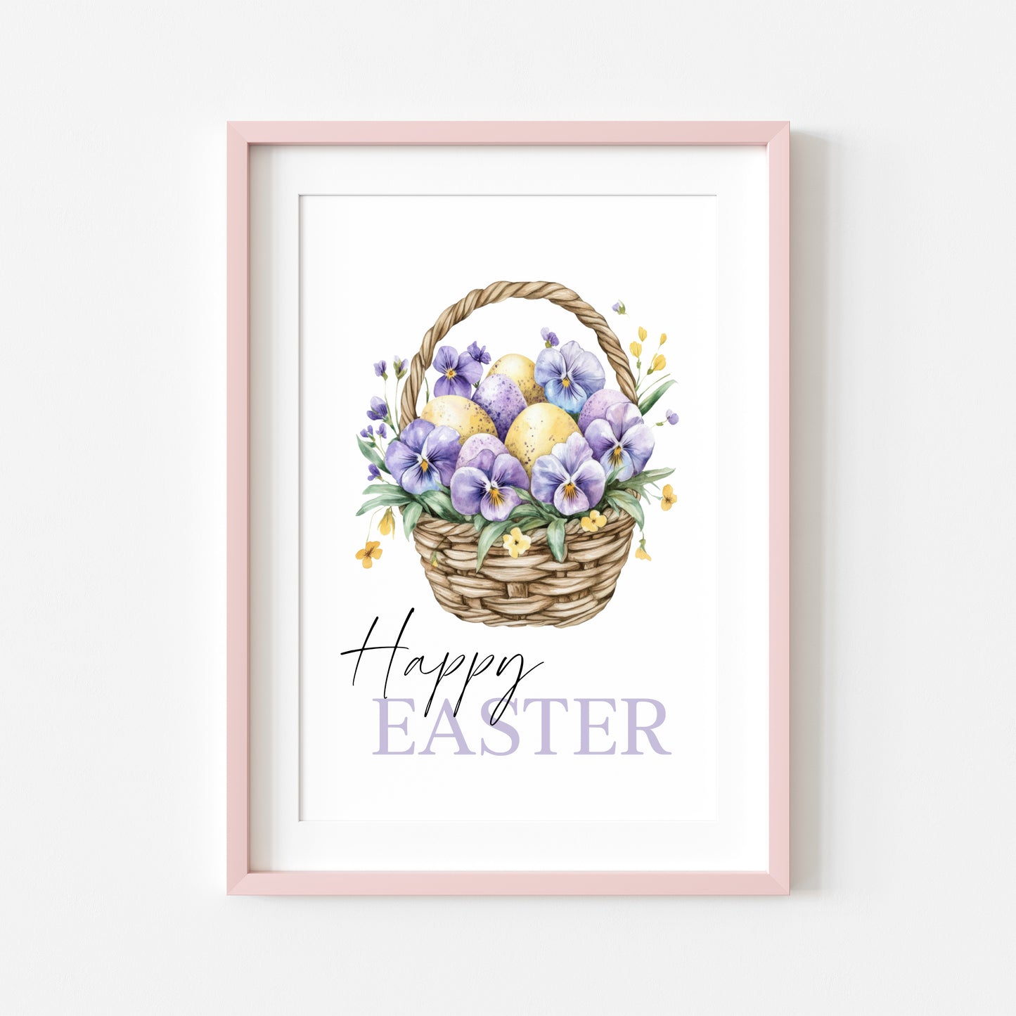 Happy Easter print floral lilac purple & yellow flower basket seasonal home art unframed wall art poster print, spring accessories, spring art