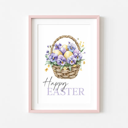 Happy Easter print floral lilac purple & yellow flower basket seasonal home art unframed wall art poster print, spring accessories, spring art