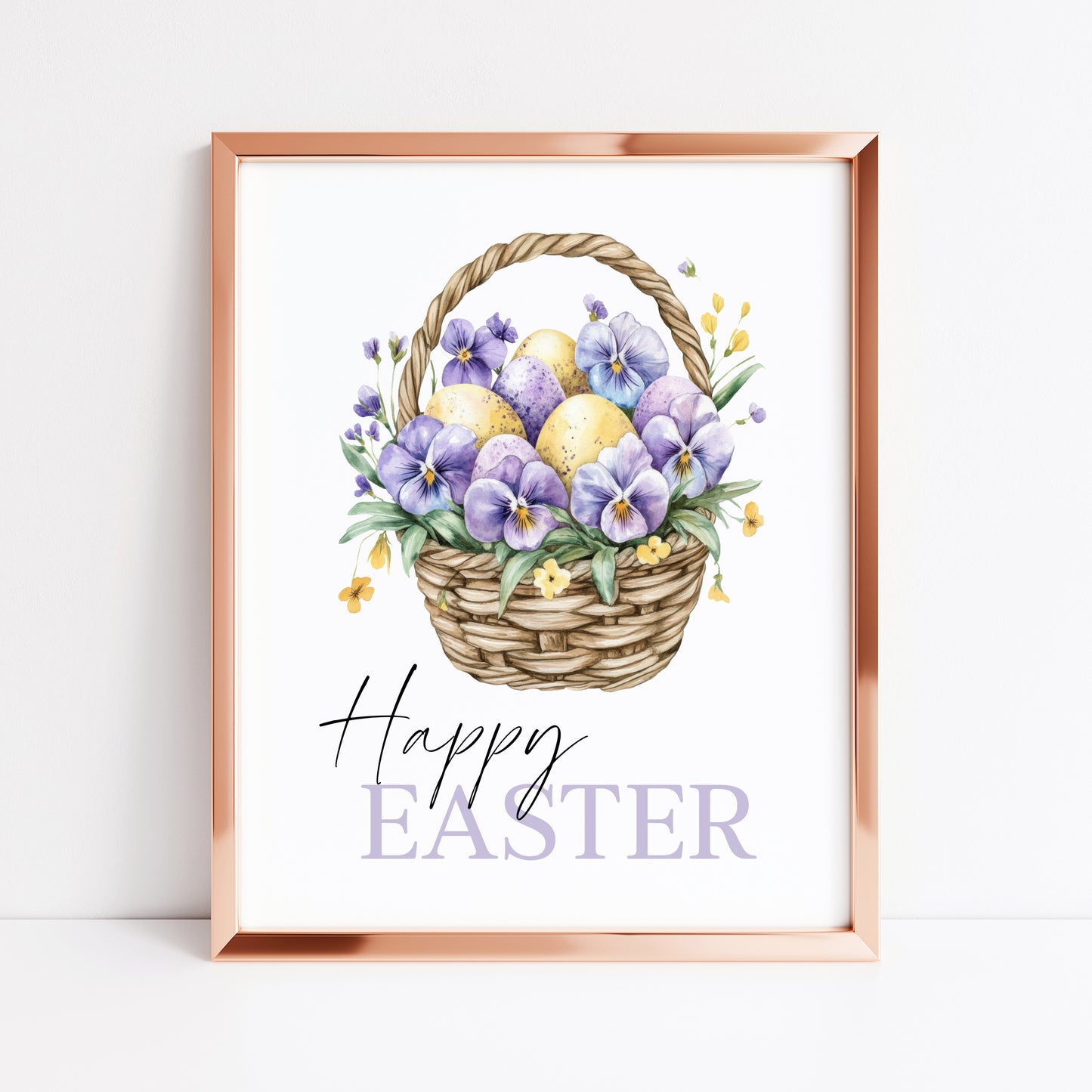 Happy Easter print floral lilac purple & yellow flower basket seasonal home art unframed wall art poster print, spring accessories, spring art