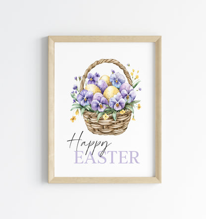 Happy Easter print floral lilac purple & yellow flower basket seasonal home art unframed wall art poster print, spring accessories, spring art