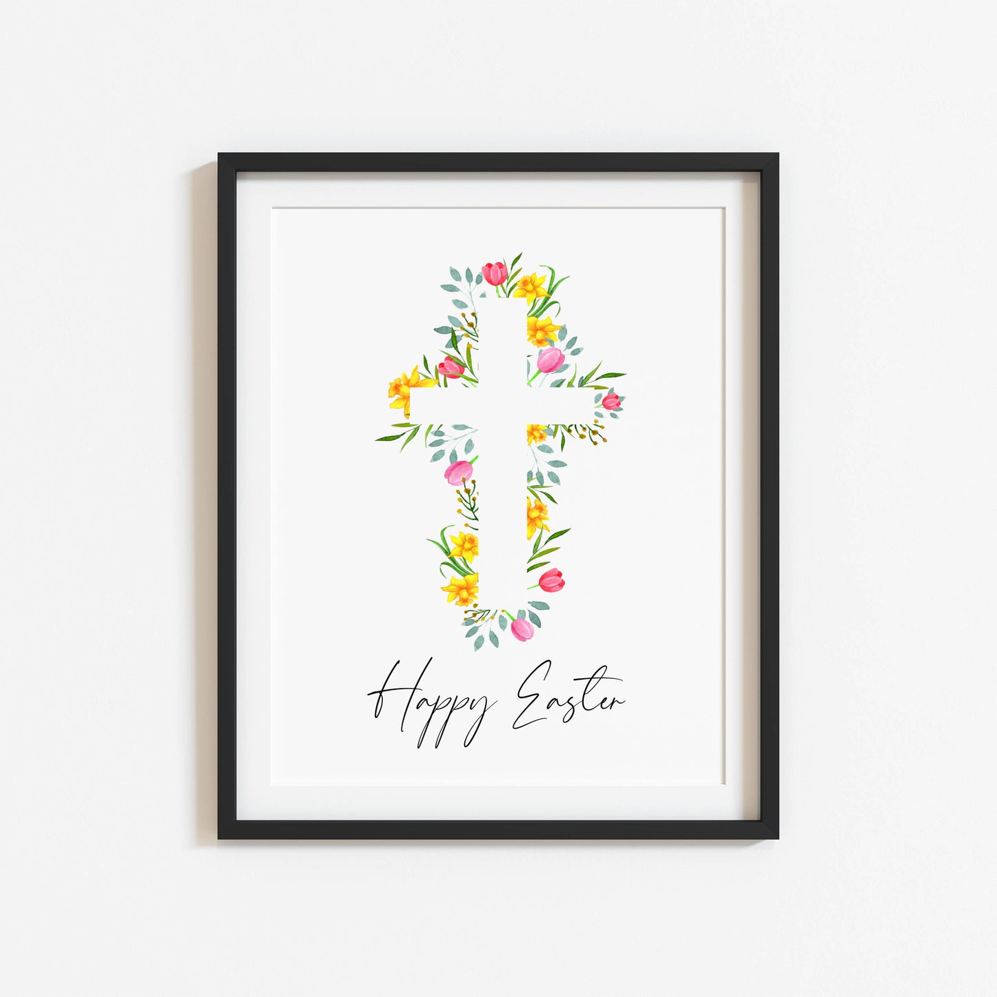 Floral Easter cross Print Watercolour pink & yellow Spring Decor unframed wall art poster
