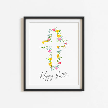 Floral Easter cross Print Watercolour pink & yellow Spring Decor unframed wall art poster
