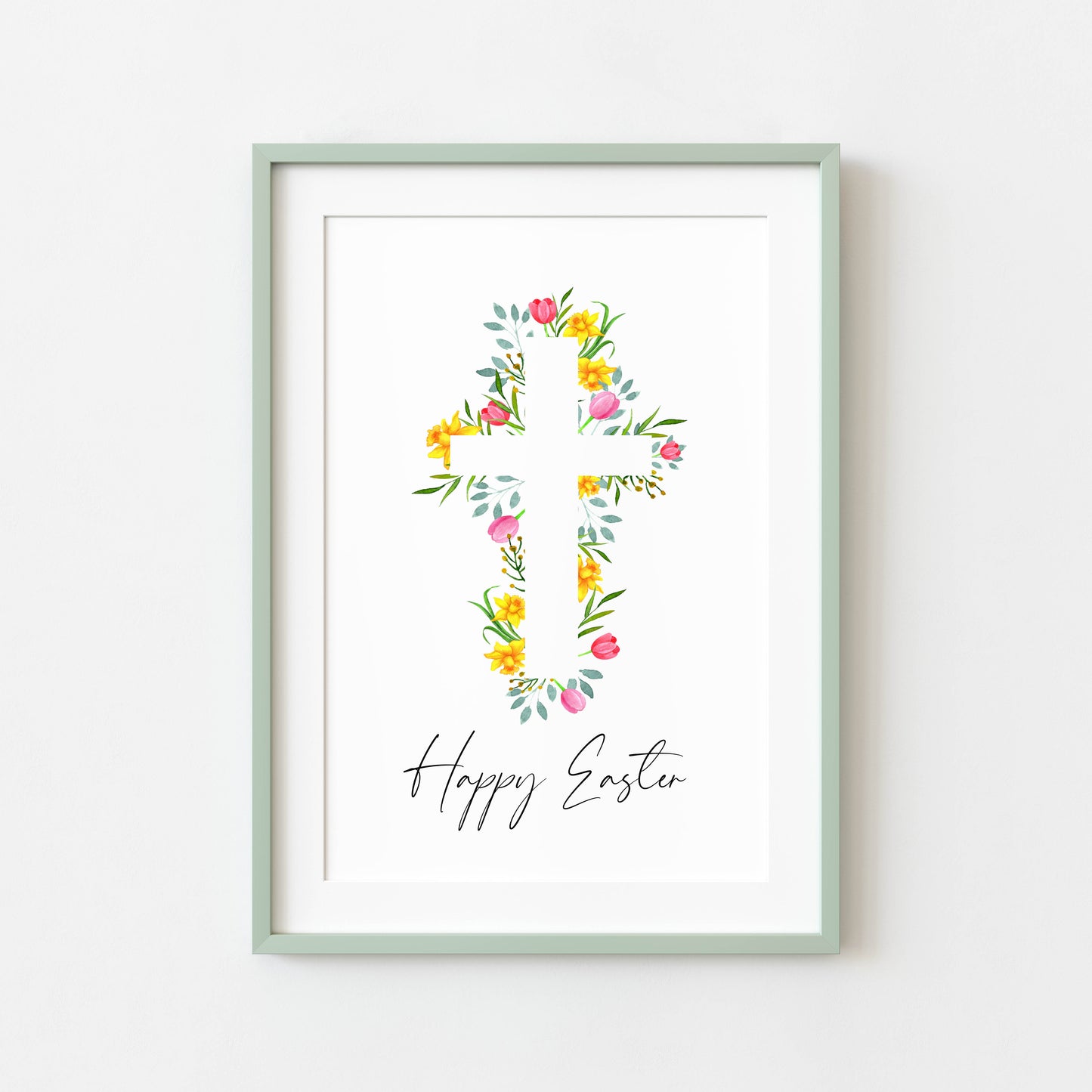 Floral Easter cross Print Watercolour pink & yellow Spring Decor unframed wall art poster