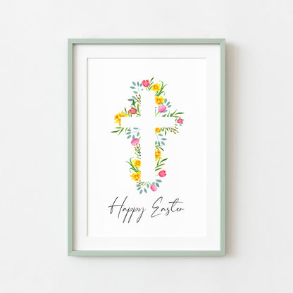Floral Easter cross Print Watercolour pink & yellow Spring Decor unframed wall art poster