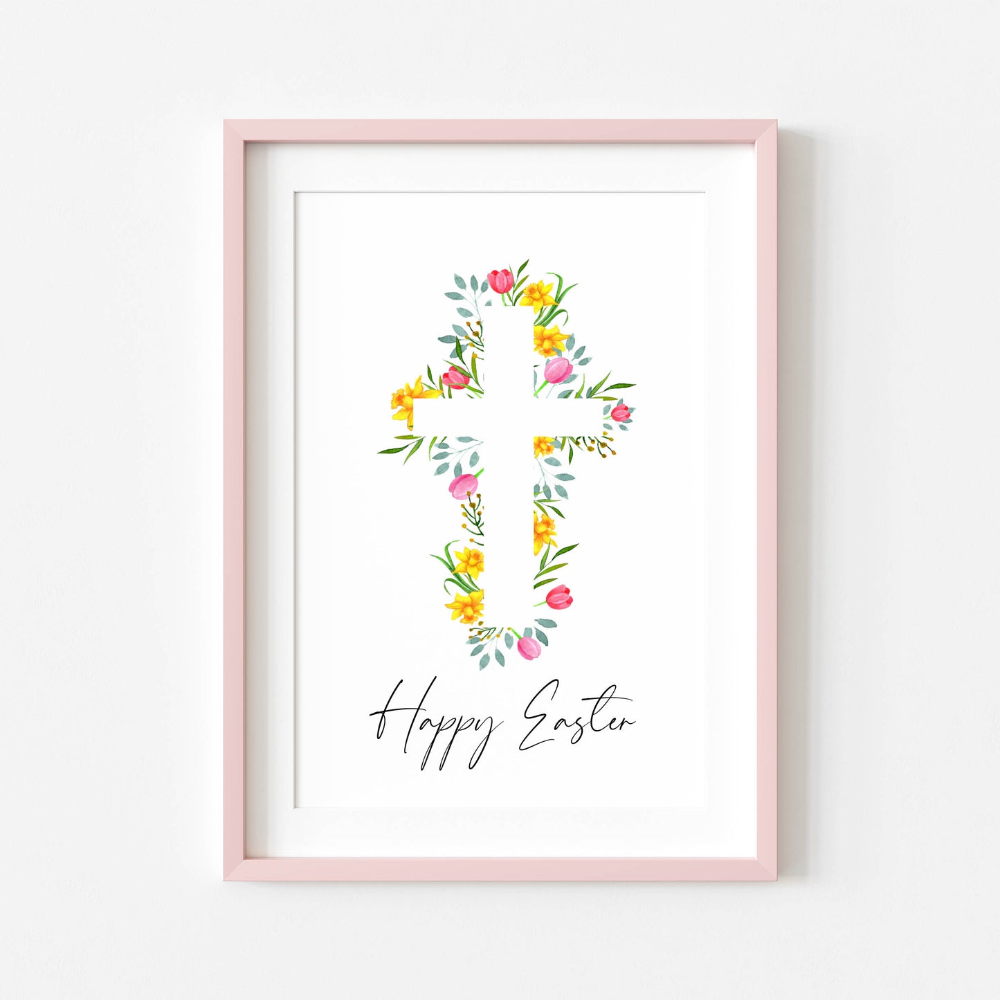 Floral Easter cross Print Watercolour pink & yellow Spring Decor unframed wall art poster