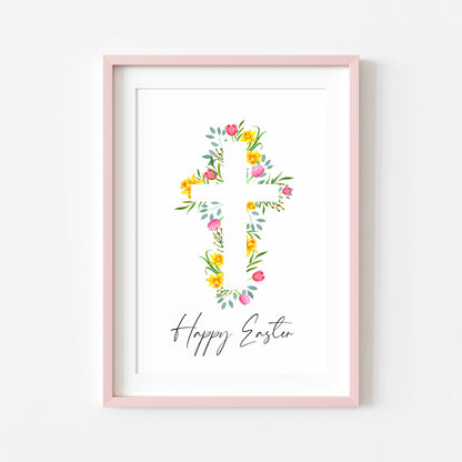 Floral Easter cross Print Watercolour pink & yellow Spring Decor unframed wall art poster
