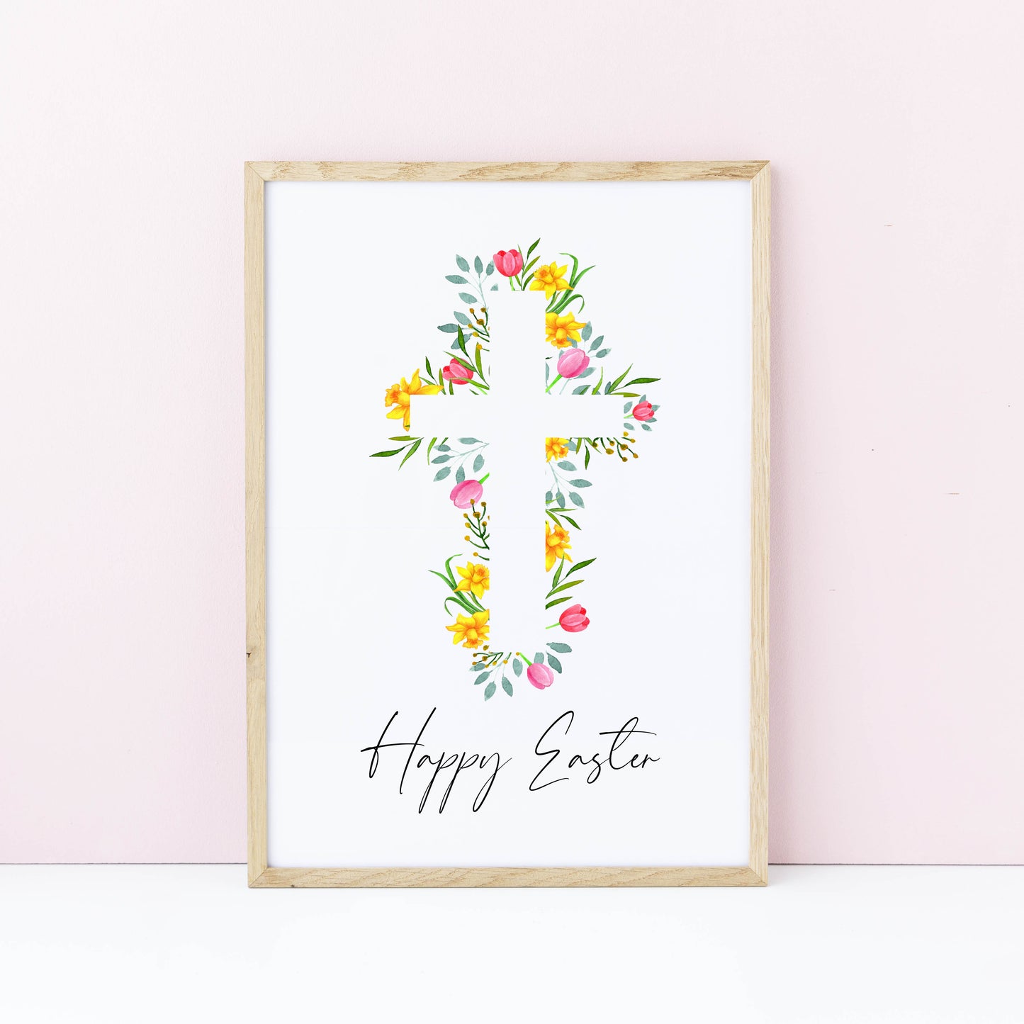 Floral Easter cross Print Watercolour pink & yellow Spring Decor unframed wall art poster