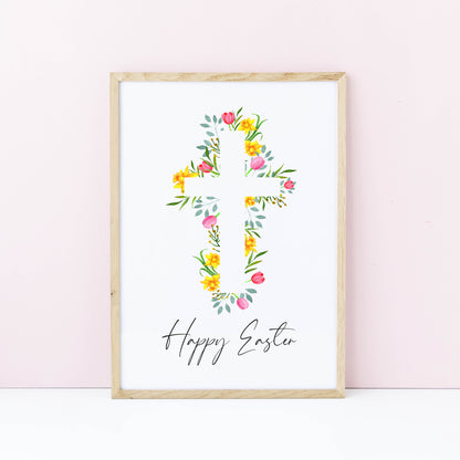 Floral Easter cross Print Watercolour pink & yellow Spring Decor unframed wall art poster