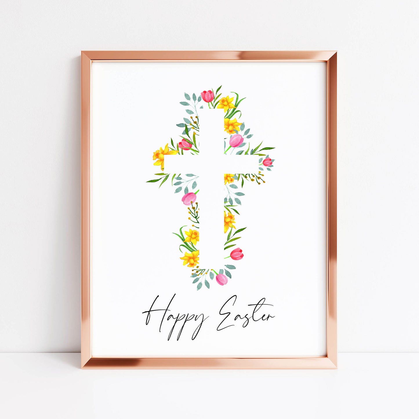 Floral Easter cross Print Watercolour pink & yellow Spring Decor unframed wall art poster