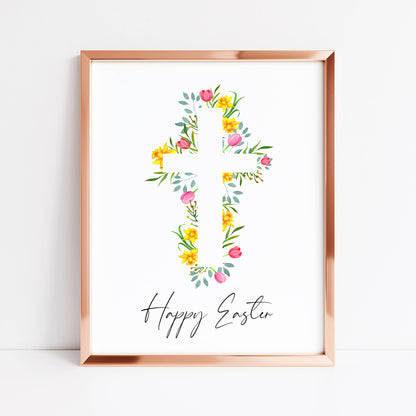 Floral Easter cross Print Watercolour pink & yellow Spring Decor unframed wall art poster