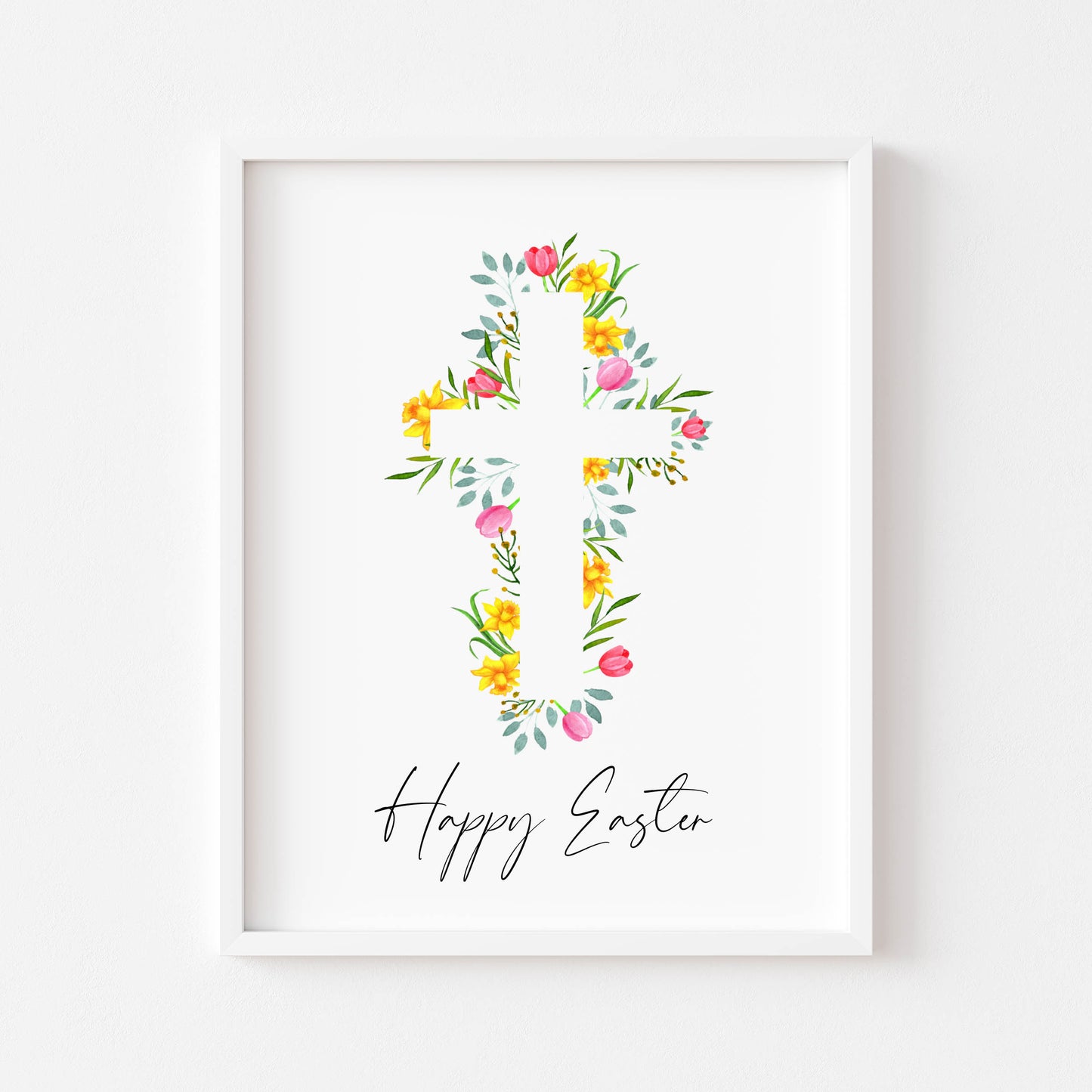 Floral Easter cross Print Watercolour pink & yellow Spring Decor unframed wall art poster