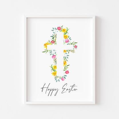 Floral Easter cross Print Watercolour pink & yellow Spring Decor unframed wall art poster