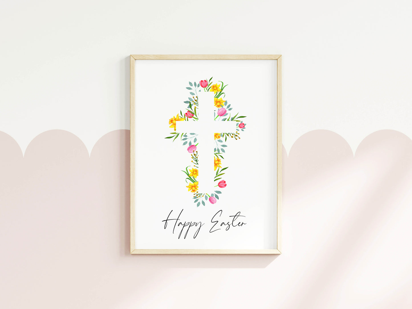 Floral Easter cross Print Watercolour pink & yellow Spring Decor unframed wall art poster