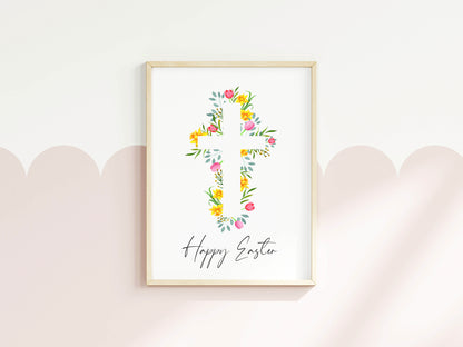 Floral Easter cross Print Watercolour pink & yellow Spring Decor unframed wall art poster