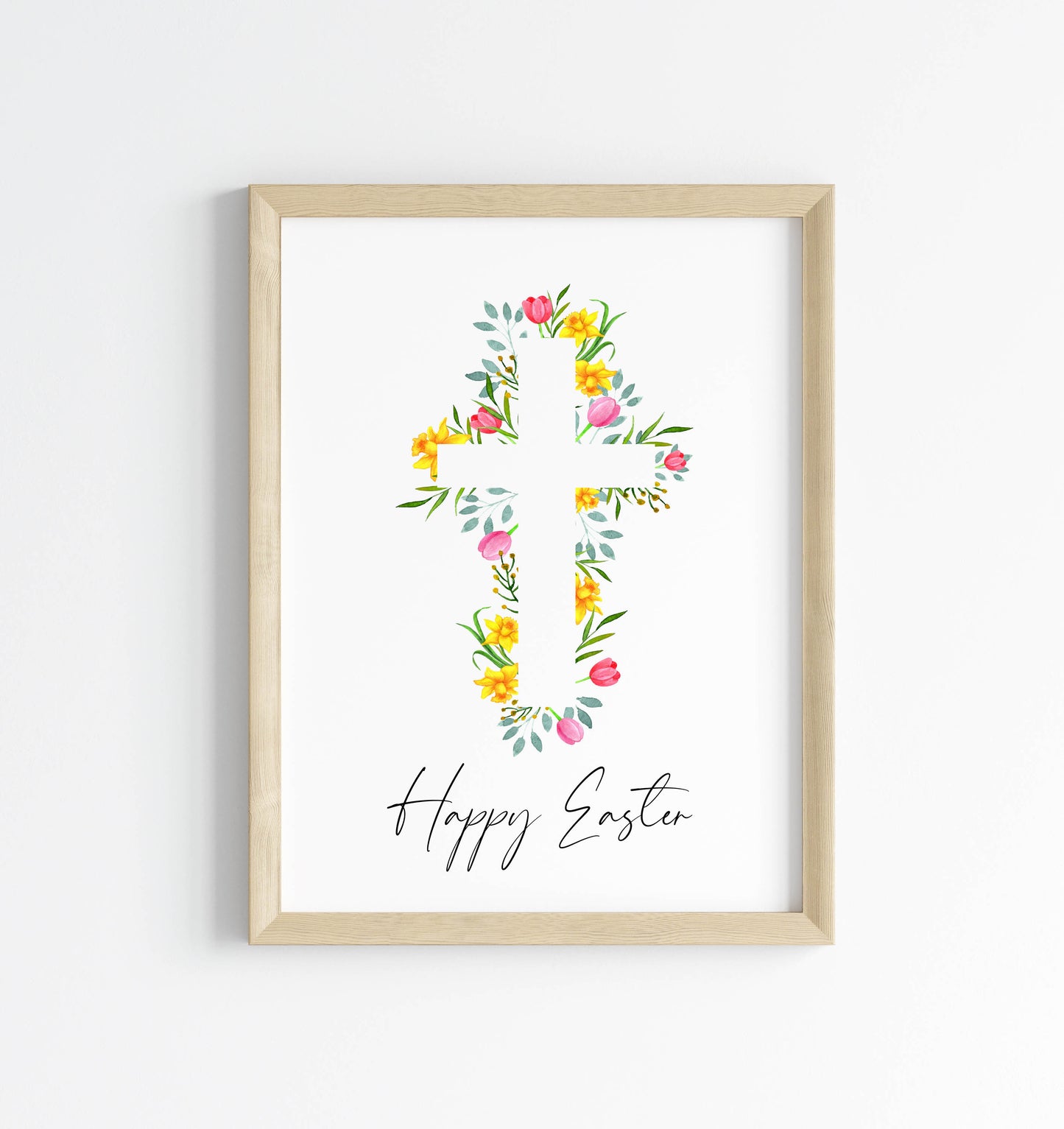 Floral Easter cross Print Watercolour pink & yellow Spring Decor unframed wall art poster
