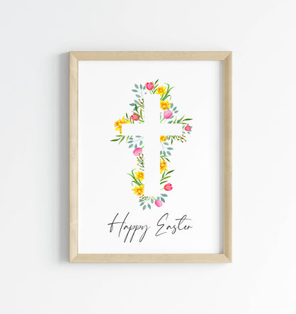 Floral Easter cross Print Watercolour pink & yellow Spring Decor unframed wall art poster