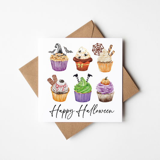 Halloween card, Happy Halloween bright spooky fun sweet treat cupcakes bakes halloween seasonal card with envelope
