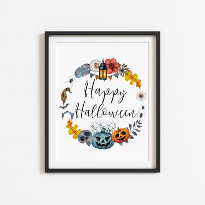 Happy Halloween watercolour spooky wreath seasonal unframed wall art poster print