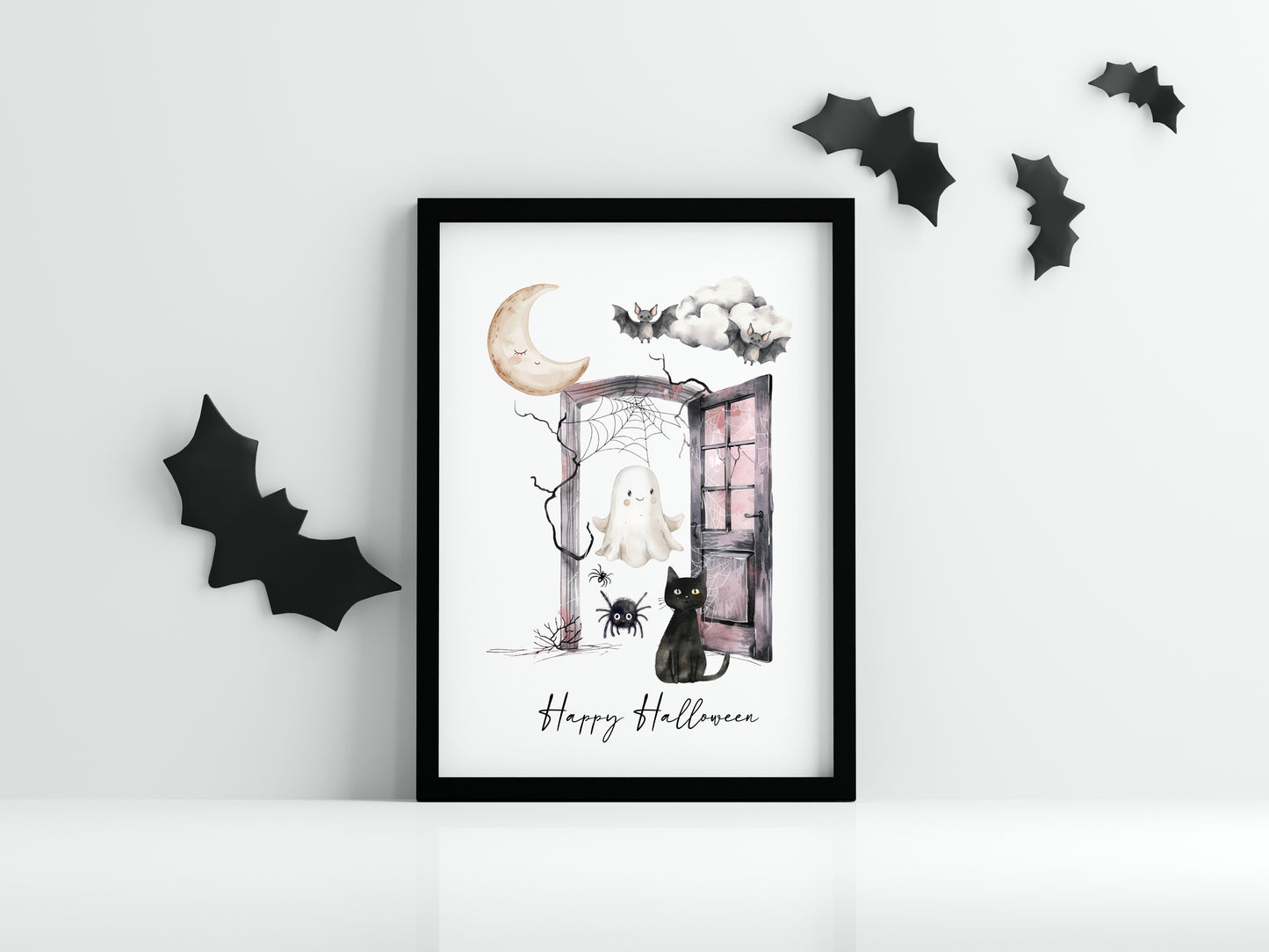 Halloween print, Happy Halloween cat ghosts spiders seasonal unframed wall art poster