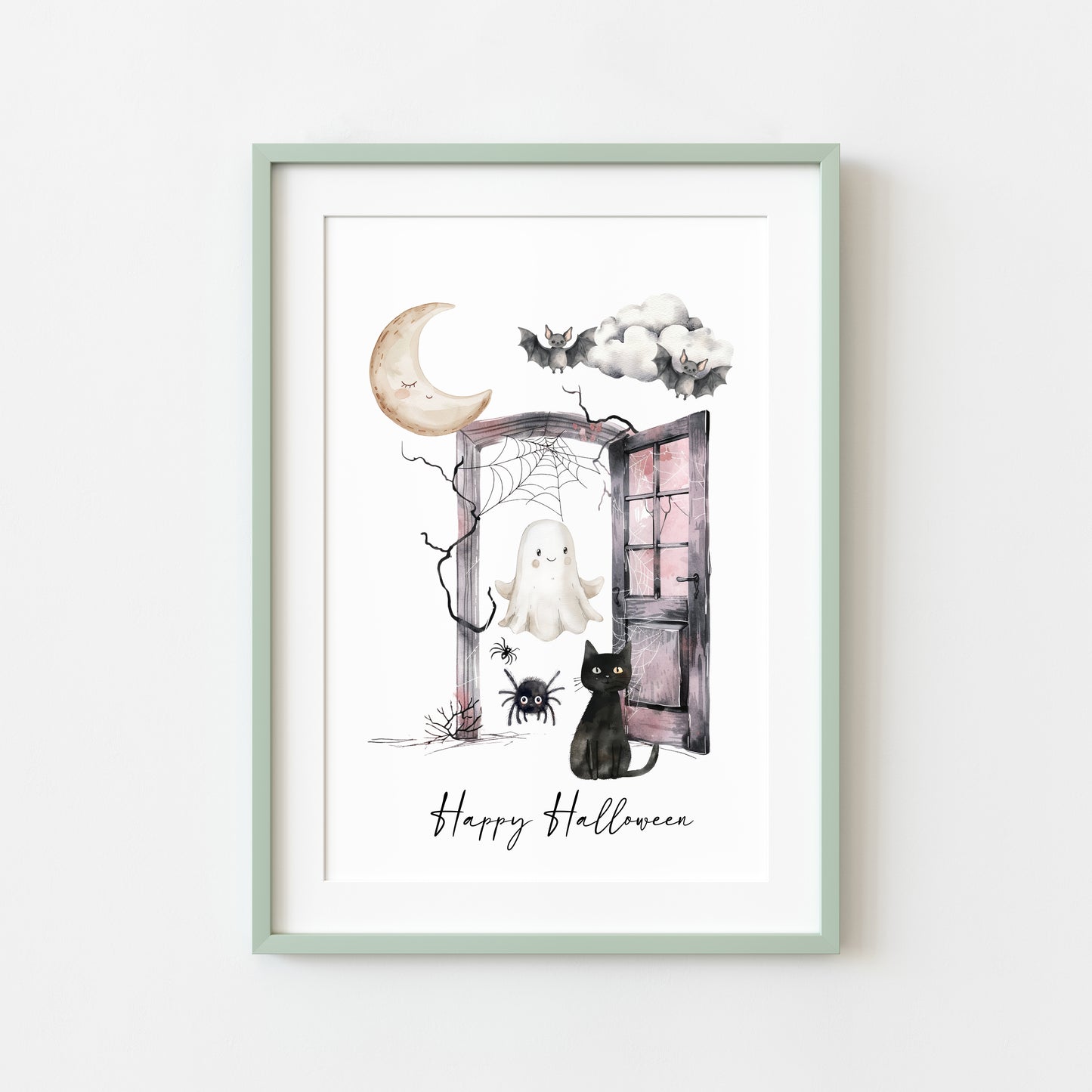 Halloween print, Happy Halloween cat ghosts spiders seasonal unframed wall art poster