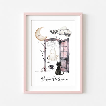 Halloween print, Happy Halloween cat ghosts spiders seasonal unframed wall art poster