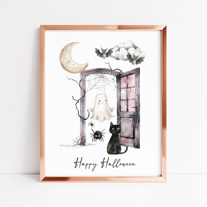 Halloween print, Happy Halloween cat ghosts spiders seasonal unframed wall art poster