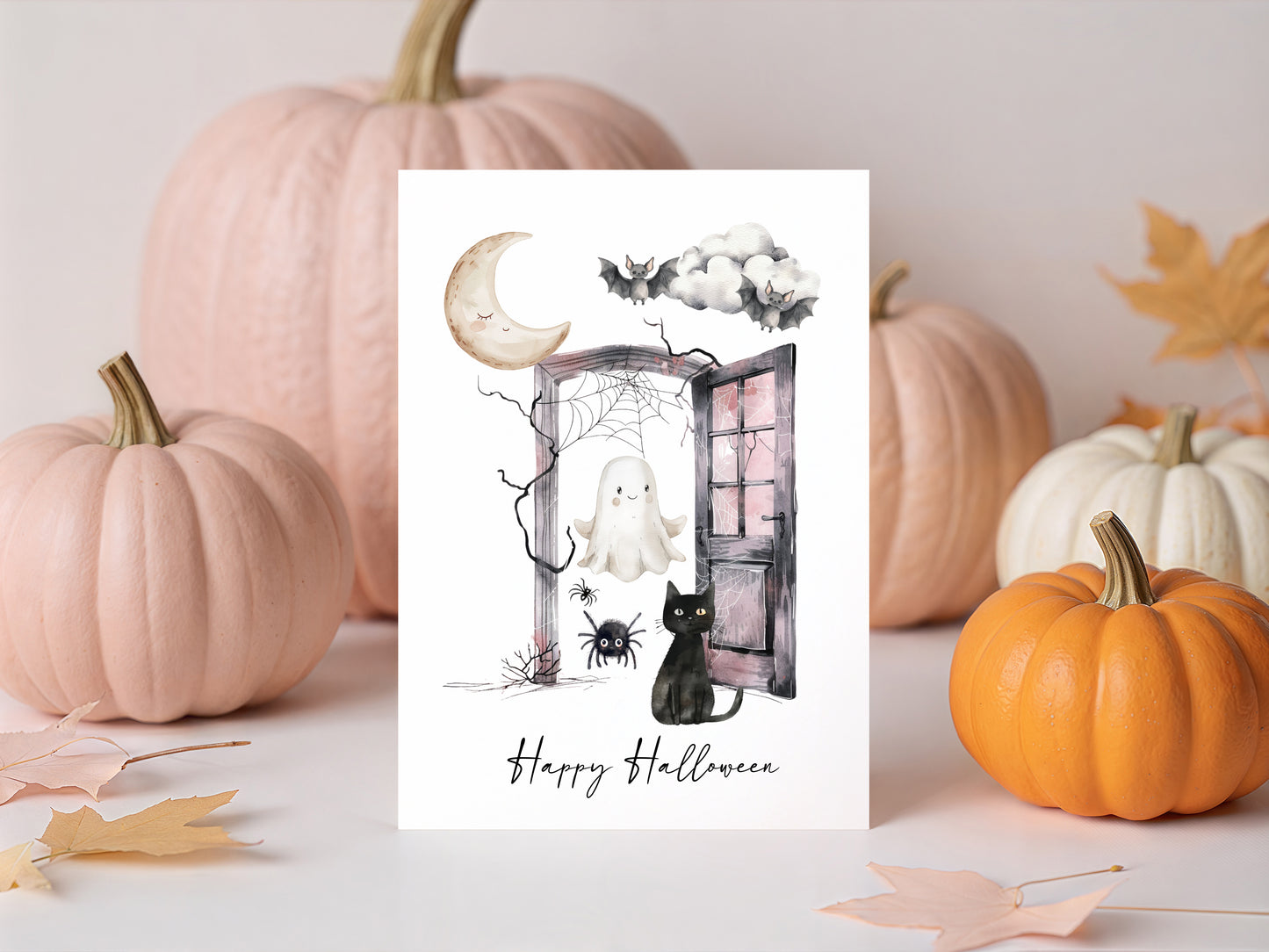 Halloween print, Happy Halloween cat ghosts spiders seasonal unframed wall art poster