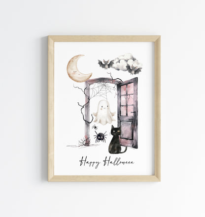 Halloween print, Happy Halloween cat ghosts spiders seasonal unframed wall art poster