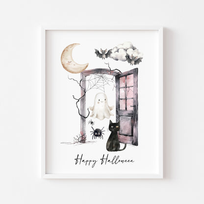 Halloween print, Happy Halloween cat ghosts spiders seasonal unframed wall art poster
