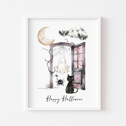 Halloween print, Happy Halloween cat ghosts spiders seasonal unframed wall art poster