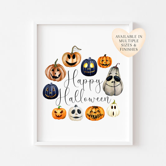 Happy Halloween spooky funny faces pumpkin wreath watercolour illustration unframed wall art poster print