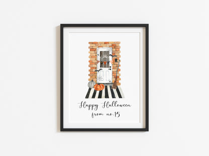 Happy Halloween from no. (your house number) front door watercolour seasonal unframed wall art poster print