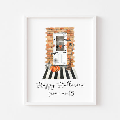 Happy Halloween from no. (your house number) front door watercolour seasonal unframed wall art poster print