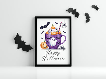 Happy halloween drink spider pumpkins bats spooky halloween seasonal home hallway sign unframed print