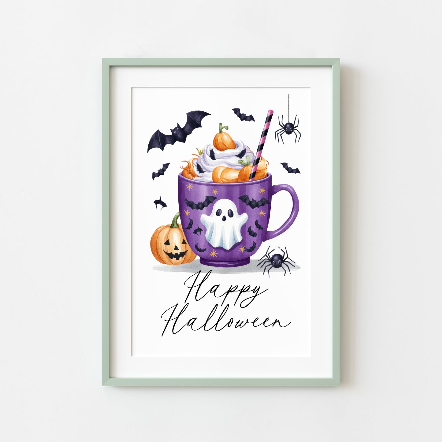Happy halloween drink spider pumpkins bats spooky halloween seasonal home hallway sign unframed print