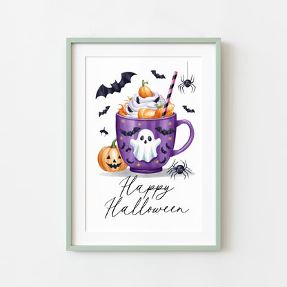 Happy halloween drink spider pumpkins bats spooky halloween seasonal home hallway sign unframed print