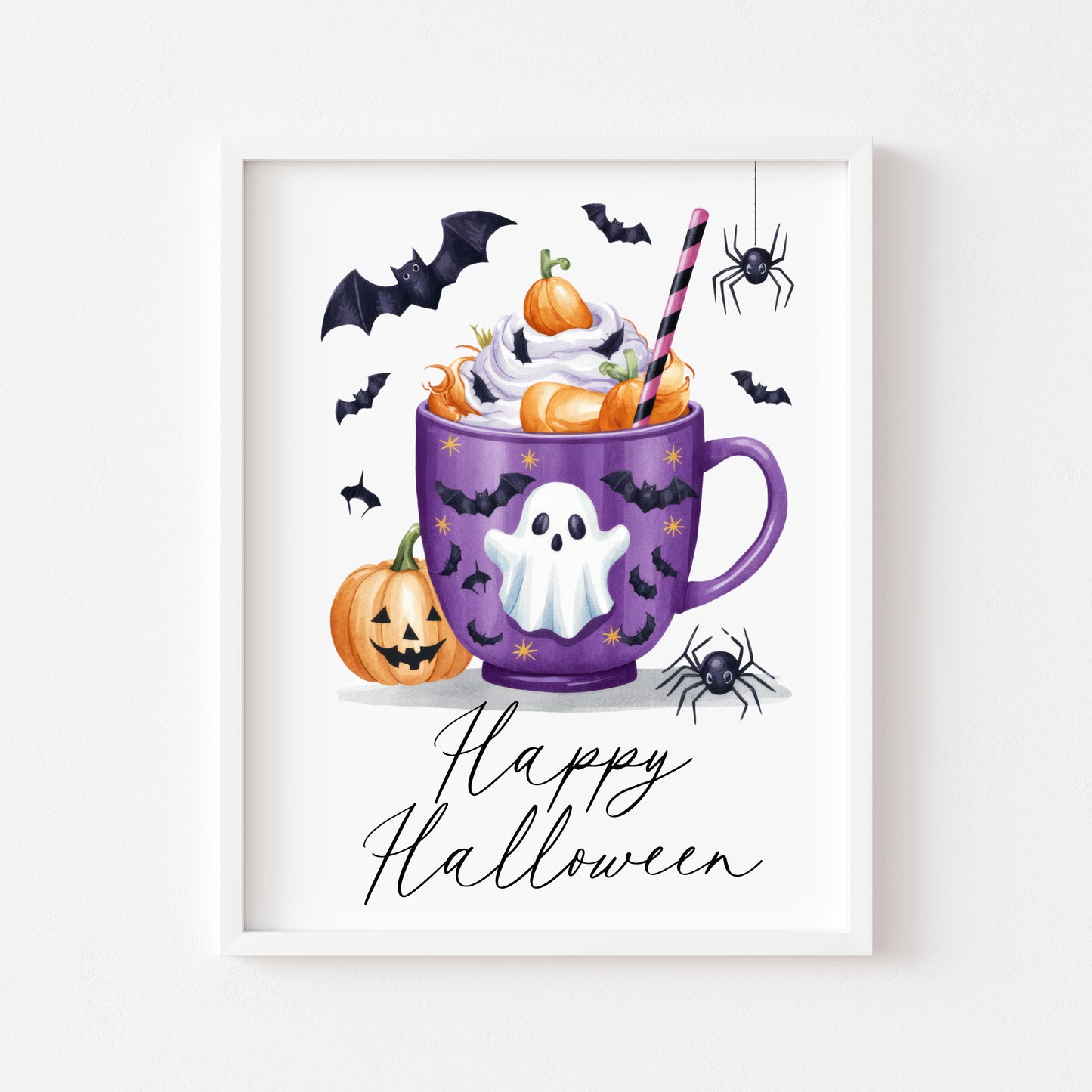 Happy halloween drink spider pumpkins bats spooky halloween seasonal home hallway sign unframed print