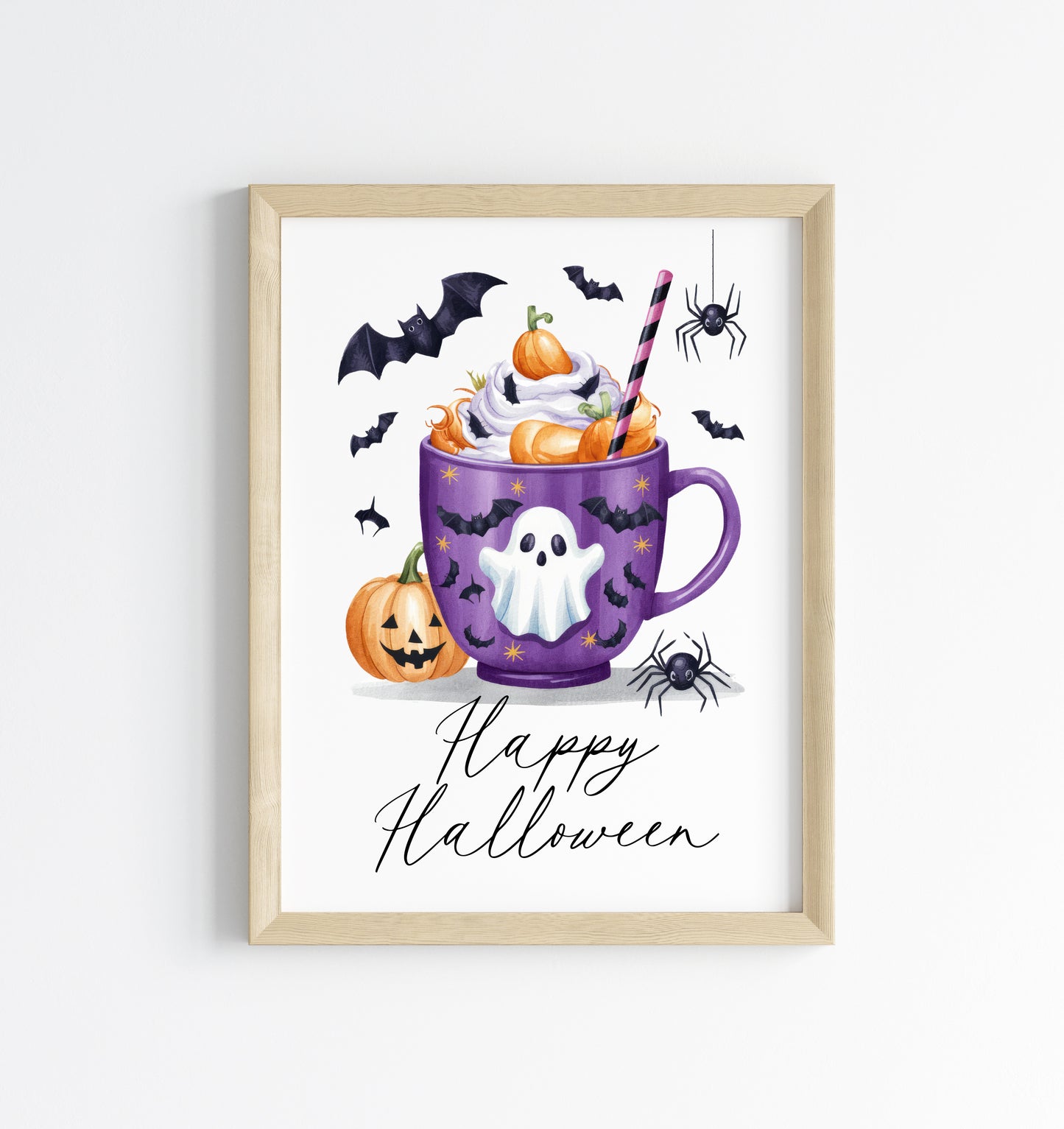 Happy halloween drink spider pumpkins bats spooky halloween seasonal home hallway sign unframed print