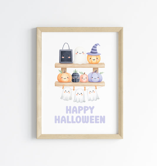 Halloween print, pastel spooky shelfie pumpkins ghosts watercolour seasonal unframed wall art poster