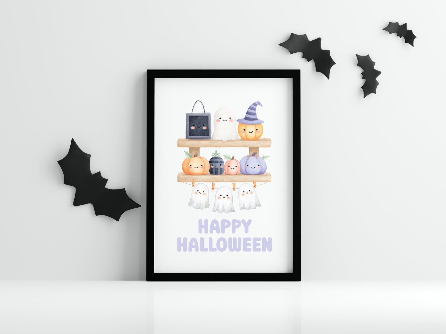Halloween print, pastel spooky shelfie pumpkins ghosts watercolour seasonal unframed wall art poster